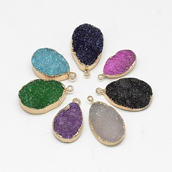 Mixed Color Natural Druzy Agate Pendants, Dyed, teardrop, with Golden Tone Brass Findings, Mixed Color, 27~35x17~21x5~12mm, Hole: 1~2mm