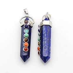 Lapis Lazuli Yoga chakra bijoux en laiton plaqué platine pierre précieuse à double extrémité pointue gros pendentifs, lapis-lazuli, 58x17x16mm, Trou: 7x6mm