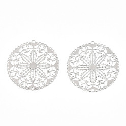 Платина Стойки обшивки латунь филигранные подвески, долговечный, плоские круглые с цветком, без никеля , платина, 31.5x30x0.4 мм, отверстие : 1.4 мм