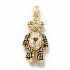 Black Rack Plating Brass Micro Pave Cubic Zirconia Pendants, Cadmium Free & Lead Free, Real 18K Gold Plated, Long-Lasting Plated, Mechanical Charm, Bear with Heart Charm, Black, 32x17.5x8.5mm, Hole: 3x6.5mm