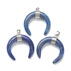 Lapis Lazuli Naturelles lapis-lazuli pendentifs, avec les accessoires en laiton de platine, double corne / croissant de lune, 31~33x30x10mm, Trou: 6x4mm