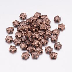 Red Copper Tibetan Style Alloy Beads, Lead Free & Cadmium Free, Red Copper Color, Flower, about 7mm long, 7mm wide, 2.5mm thick, hole: 1.5mm