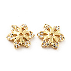 Golden Brass Micro Pave Clear Cubic Zirconia Bead Caps, Cadmium Free & Lead Free, 6-Petal Flower, Golden, 10.5x9x2.5mm, Hole: 1mm