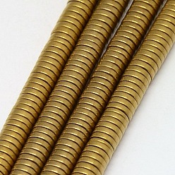 Golden Plated Electroplate Non-magnetic Synthetic Hematite Beads Strands, Frosted, Heishi Beads, Flat Round/Disc, Grade A, Golden Plated, 4x1mm, Hole: 1mm, about 400pcs/strand, 16 inch