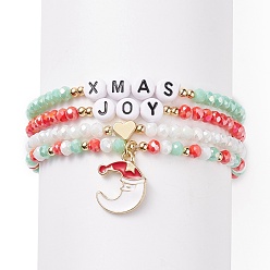 Mixed Color 4Pcs 4 Style Glass Stretch Bracelets Set with Word Xmas Joy Acrylic Beads, Christmas Moon Alloy Charm Bracelets for Women, Mixed Color, Inner Diameter: 2-1/8 inch(5.5cm), 1Pc/style