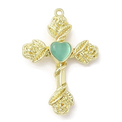 Pale Turquoise Alloy with Glass Pendants, Cross with Rose Charms, Golden, Pale Turquoise, 35x25x5mm, Hole: 1.4mm