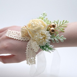 Cornsilk Cloth Flower of Life Wrist Corsage, Hand Flower for Bride or Bridesmaid, Wedding, Party Decorations, Cornsilk, 100x70mm