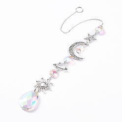 Clear AB AB Color Plated Crystal Teardrop Big Pendant Decorations, Hanging Sun Catchers, with Iron Findings & Alloy Pendants, Moon & Star & Sun, Clear AB, 365mm, Pendant: 210x35x10mm