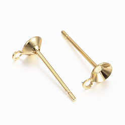 Real 24K Gold Plated 304 Stainless Steel Stud Earring Settings, with Loop, For Pointed Back Rivoli Rhinestone, Real 24K Gold Plated, 6x4mm, Tray: 3.5mm, Hole: 1mm, Pin: 0.8mm
