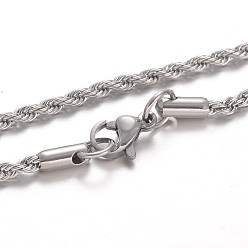 Stainless Steel Color 304 Stainless Steel Rope Chain Necklaces, with Lobster Claw Clasps, Stainless Steel Color, 27.6 inch(70cm), 2.2mm