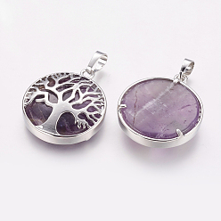 Amethyst Natural Amethyst Pendants, with Brass Findings, Platinum, Flat Round with Tree, 31x27x6.5~7mm, Hole: 5x8mm