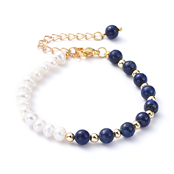 Lapis Lazuli Natural Pearl & Natural Lapis Lazuli(Dyed) Beaded Bracelets, with Iron Chain Extender, 304 Stainless Steel Lobster Claw Clasps and Brass Beads, 7-1/4 inch(18.5cm)