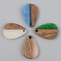 Mixed Color Opaque Resin & Walnut Wood Pendants, Teardrop, Mixed Color, 21.5x14.5x3mm, Hole: 2mm