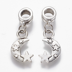 Antique Silver Tibetan Style Alloy European Dangle Charms, Large Hole Beads, with Iron Findings, Moon with Star, Antique Silver, 29mm, Pendant: 18x11x1.5mm, Hole: 4.5mm