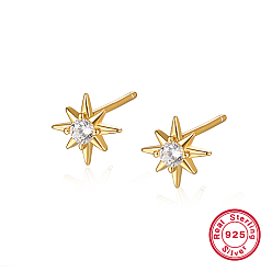 Golden Sterling Silver Stud Earrings for Women, Star, Golden, 7.2mm