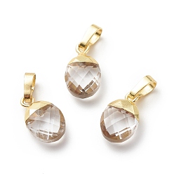 Quartz Crystal Natural Quartz Crystal Charms, with Light Gold Tone Brass Findings, Faceted, Cadmium Free & Lead Free, Oval, 14x8x5mm, Hole: 6x4mm