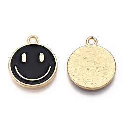 Negro Colgantes de esmalte de aleación de tono dorado claro, ronda plana con amuletos de cara sonriente, negro, 19x16x1.5 mm, agujero: 1.8 mm