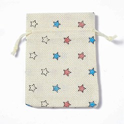 Star Burlap Packing Pouches Drawstring Bags, Rectangle, Beige, Star, 13.5~14x10x0.35cm
