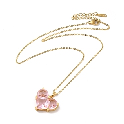 Corazón Collar con colgante de circonita cúbica rosa, joyas de latón dorado para mujer, patrón del corazón, corazón: 19.5x21.5x7 mm, 16.54 pulgada (42 cm)