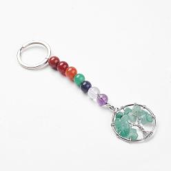 Green Aventurine Gemstone and Natural Green Aventurine Chakra Keychain, with Alloy Key Rings and Brass Pendants, Ring with Tree of Life, Platinum, 123mm