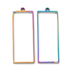 Rainbow Color 304 Stainless Steel Open Back Bezel Rectangle Pendants, For DIY UV Resin, Epoxy Resin, Pressed Flower Jewelry, Rainbow Color, 47x17x3mm, Hole: 2.2mm, Inner Diameter: 42x15mm