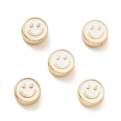 White Alloy Enamel Beads, Golden, Flat Round with Smiling Face, White, 8x4mm, Hole: 1.6mm