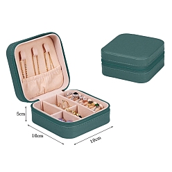 Sea Green PU Leather Jewelry Zipper Boxes, with Velvet Inside, for Rings, Necklaces, Earrings, Rings Storage, Square, Sea Green, 100x100x50mm