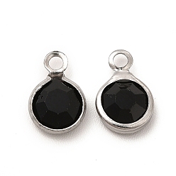 Black 304 Stainless Steel with Glass Charms, Stainless Steel Color, Faceted Flat Round, Black, 9.5x6.5x2mm, Hole: 1.5mm