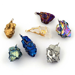 Mixed Color Electroplate Natural Crystal Pendants, with Iron Wires, Wrap Pendants, Mixed Shaped, Mixed Metal Color, Mixed Color, 35~46x18~25x14~20mm, Hole: 3mm