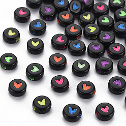 Couleur Mélangete Perles noires opaques acryliques, plat rond avec coeur de couleur mélangée, 7x3.5mm, Trou: 1.8mm, environ3700 pcs / 500 g