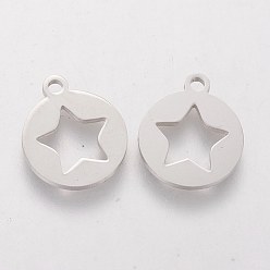 Stainless Steel Color 201 Stainless Steel Pentacle Charms, Flat Round with Star, Stainless Steel Color, 14x12x1.2mm, Hole: 1.5mm