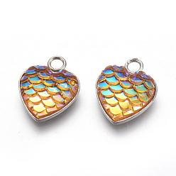 Gold 304 Stainless Steel Pendants, with Resin, Heart with Fish Scale Shape, Stainless Steel Color, Gold, 16x13x3.5mm, Hole: 2mm