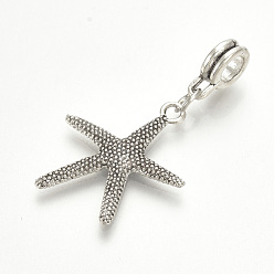 Antique Silver Alloy European Dangle Charms, Large Hole Pendants, Starfish/Sea Stars, Antique Silver, 37mm, Hole: 4.5mm, Starfish/Sea Stars: 23.5x21mm