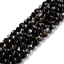 Golden Sheen Obsidian Natural Golden Sheen Obsidian Beads Strands, Polygon, Faceted, 6x6mm, Hole: 1mm, about 65pcs/strand, 15.55 inch(39.5cm)