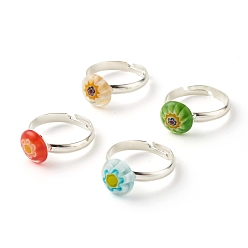 Mixed Color Flower Flat Round Millefiori Glass Adjustable Ring, Solid Brass Ring for Women, Platinum, Mixed Color, US Size 6 1/2(16.9mm)