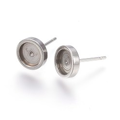Stainless Steel Color 304 Stainless Steel Stud Earring Settings, Flat Round, Stainless Steel Color, 8x2mm, Tray: 6mm, Pin: 0.7mm