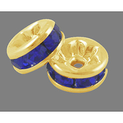 Saphir Teneur en laiton un strass perles d'espacement, plaqué or, rondelle, sans nickel, saphir, 8x3.8mm, Trou: 1.5mm