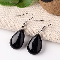 Black Agate Natural Black Agate Teardrop Dangle Earrings, with Platinum Plated Brass Findings, 41mm, Pin: 0.7mm