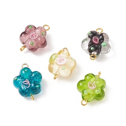 Mixed Color Handmade Lampwork Connector Charms, with Golden Tone Brass Double Loops, Flower, Mixed Color, 19.5x14.5x8mm, Hole: 1.8mm