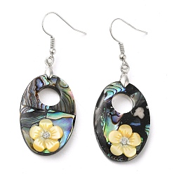Oval Natural Paua Shell & White Shell Flower Dangle Earrings, with Brass Earring Pins, Oval, 56x21mm