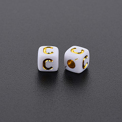 Letter C Opaque White Acrylic Beads, Metal Enlaced, Cube with Letters, Letter.C, 4.5mm, Hole: 2mm, about 5000pcs/500g