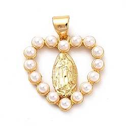 Snow ABS Plastic Imitation Pearl Pendants, with Brass Findings, Real 18K Gold Plated, Heart with Virgin Mary Charm, Snow, 20x19.5x3.8mm, Hole: 3.4x4.5mm