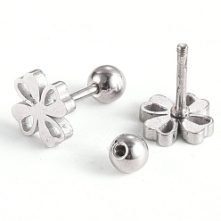 Stainless Steel Color 201 Stainless Steel Barbell Cartilage Earrings, Screw Back Earrings, with 304 Stainless Steel Pins, Four Leaf Clover, Stainless Steel Color, 7x7x2mm, Pin: 1mm