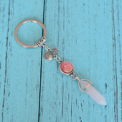Quartz Rose Porte-clés pendentif balle en quartz rose naturel, avec étoile de mer en alliage et forme de coquillage, 3.5 cm