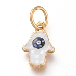 White Natural White Shell & Black Lip Shell Charms, with Brass Findings, Cubic Zirconia and Jump Rings, Hamsa Hand/Hand of Fatima/Hand of Miriam, Matte Style, Matte Gold Color, White, 12x8x3.1mm, Hole: 4.5mm