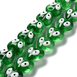 Vert Chapelets de perles en verre transparentes  , avec l'émail, coeur avec le mauvais œil, verte, 14x14x9mm, Trou: 1mm, Environ 30 pcs/chapelet, 12.28'' (31.2 cm)