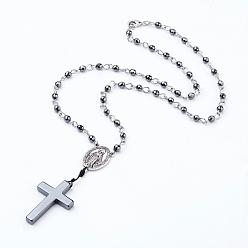 Non-magnetic Hematite Non-magnetic Synthetic Hematite Pendant Necklaces, Rosary Bead Necklaces for Easter, Cross and Oval with Virgin, 20 inch(51cm), Packing Size: 92x61x29mm