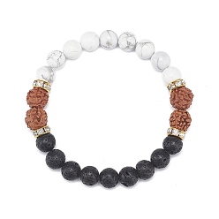 Bois Bracelet extensible en perles rondes naturelles rudraksha & howlite & pierre de lave, bijoux de yoga aux huiles essentielles pour femmes, diamètre intérieur: 2-1/8 pouce (5.35 cm)