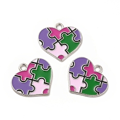 Colorful Alloy Enamel Pendants, Heart with Autism Puzzle Pattern Charm, Platinum, Colorful, 19x20.5x1mm, Hole: 2mm