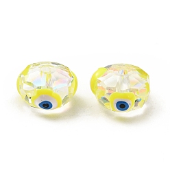 Yellow Transparent Glass Beads, with Enamel, Faceted, Rondelle with Evil Eye Pattern, Yellow, 10x7.5mm, Hole: 1.5mm